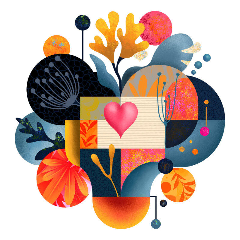 An abstract digital illustration with a soft, grainy texture on a white background. At the center is a bright pink heart, surrounded by a "bloom" of geometric and organic shapes. The composition includes vibrant pink and orange circles, navy blue and light